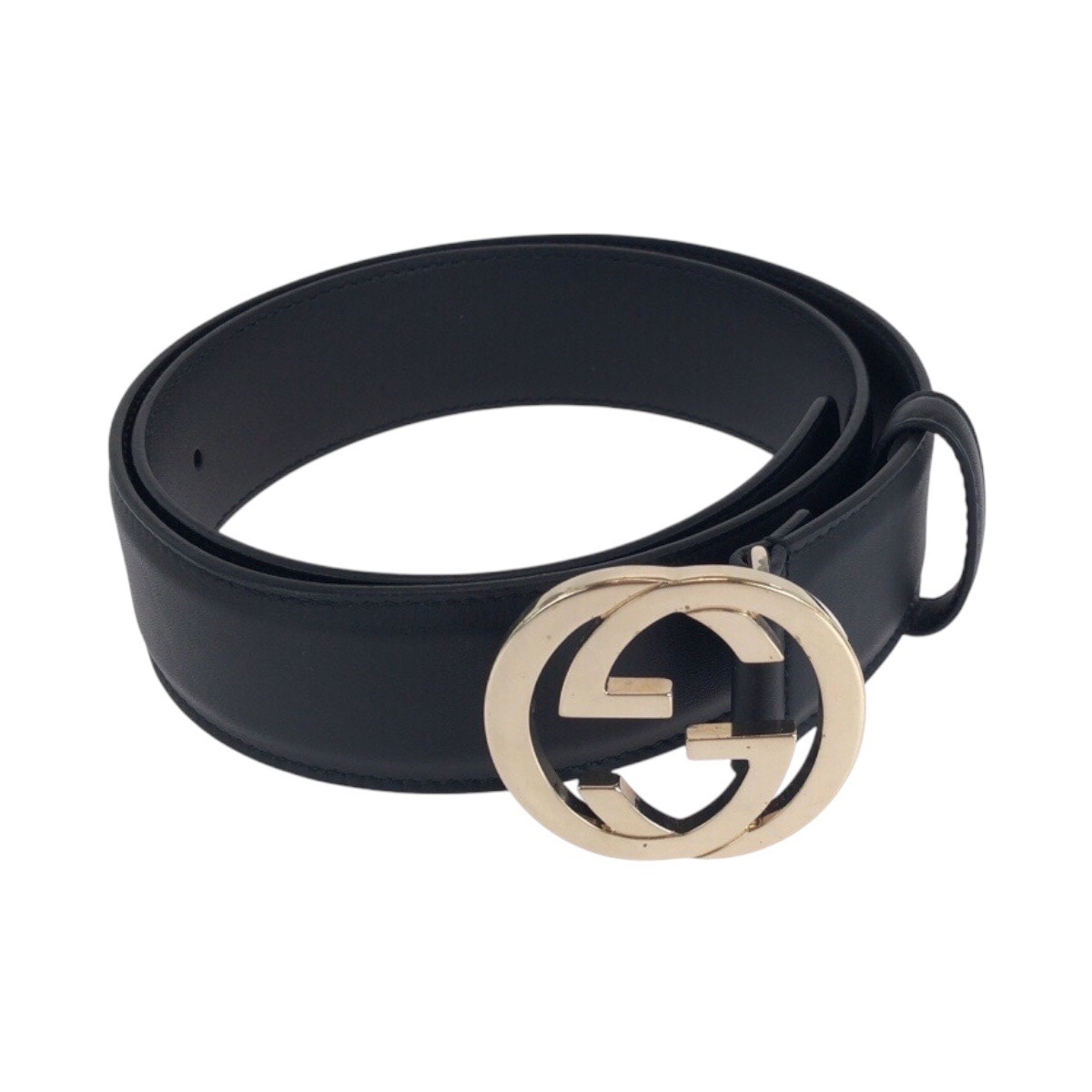 美品 インターロッキング 75cm/30インチ ブラック 黒 ゴールド金具 レザー 370543 ベルト 男女兼用 メンズ 503446