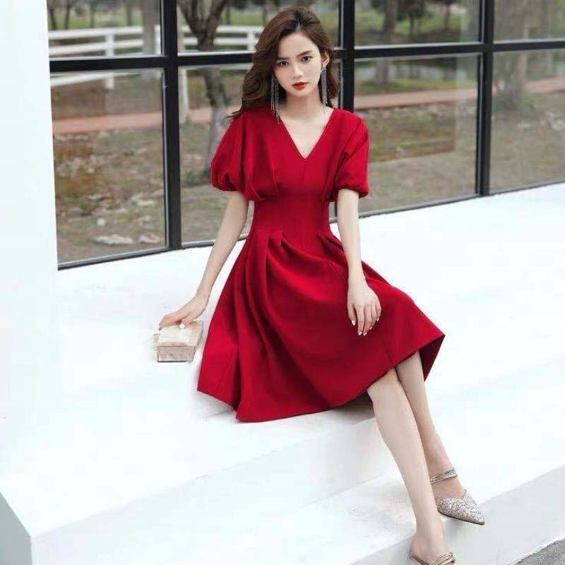 ワンピース ひざ丈ワンピース レディース 半袖 パフスリーブ 深めVネック ドレス ワンピースドレス