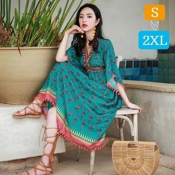 ハワイ リゾートワンピース マキシ丈 七分袖 Vネック 体型カバー 大きめ ゆったり 総柄 民族風 夏ワンピ ロングワンピース 沖縄 海外旅行 グリーン レディース マキシワンピース おしゃれ 大人可