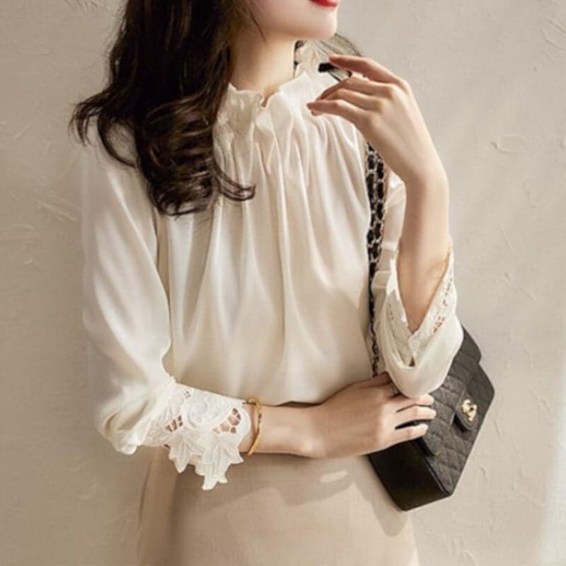 トップス ブラウス ミドル丈 袖あり 長袖 スタンドカラー レース 刺繍 フラワー刺繍 きれいめ カジュアル 大人 上品 おしゃれ レトロ 大人女子 エレガント 無地 春 秋 二次会 10代 20代