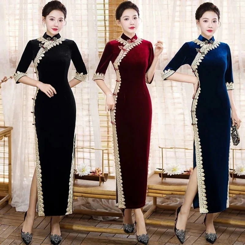 改良 義理の母のドレスの結婚式の気質秋の高貴な母若いレトロなゴールド ベルベット ロング スタイル