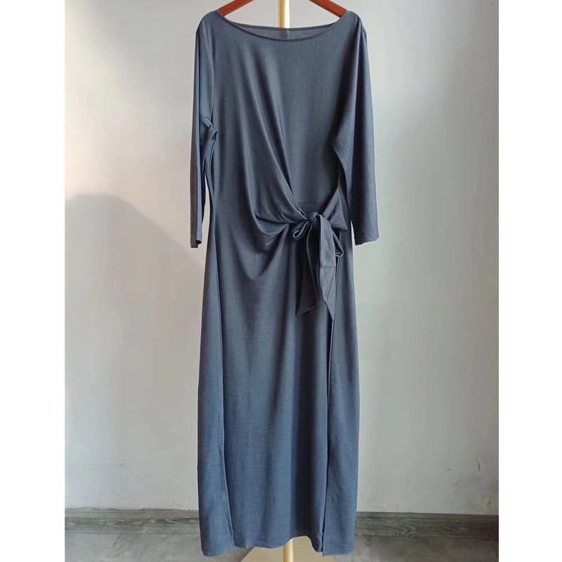 レディース ワンピース 長袖 ラウンドネック リボン 大人可愛い きれいめ シンプル 上品 おしゃれ かっこいい レトロ アジアン エスニック エキゾチック こなれ感 マニッシュ ルーズ 個性的