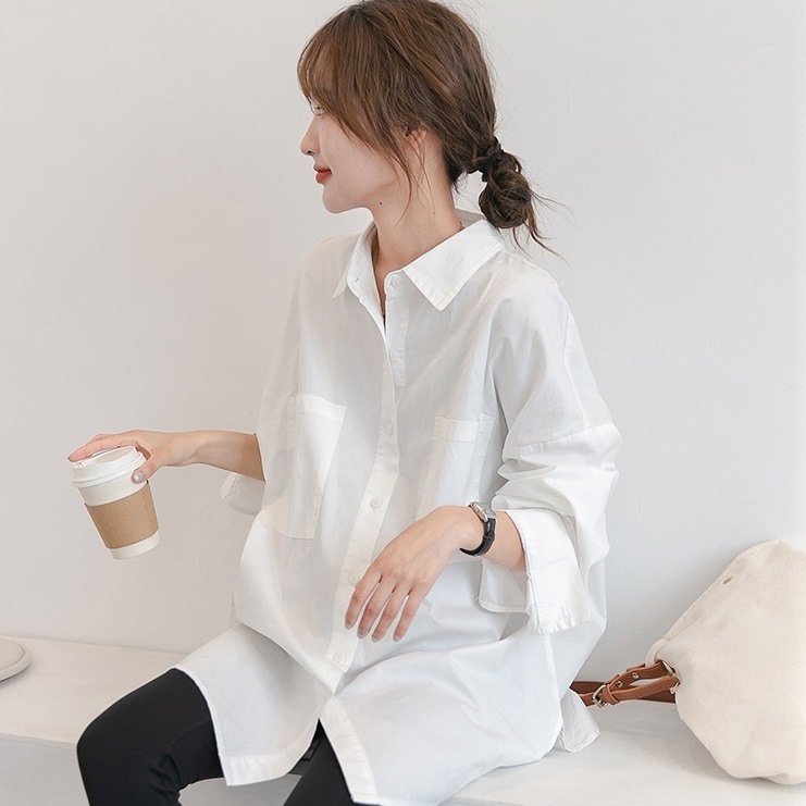 トップス シャツ ロングシャツ マタニティシャツ フロントボタン 白トップス 白シャツ ポケット付き カジュアル 袖あり 長袖 襟あり 大人可愛い きれいめ シンプル 大人 おしゃれ お洒落