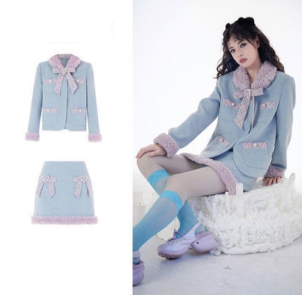 2つセットの小さい香風のセーターのコートの上着+甘い修身のA字のスカートの秋冬のスーツの女性