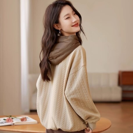 フード付きスエット スプライシング コントラスト デート 高級 ニッチ パーカー 長袖 Vネック かわいい 大人可愛い きれいめ シンプル カジュアル 大人 上品 おしゃれ お洒落 かっこいい レトロ