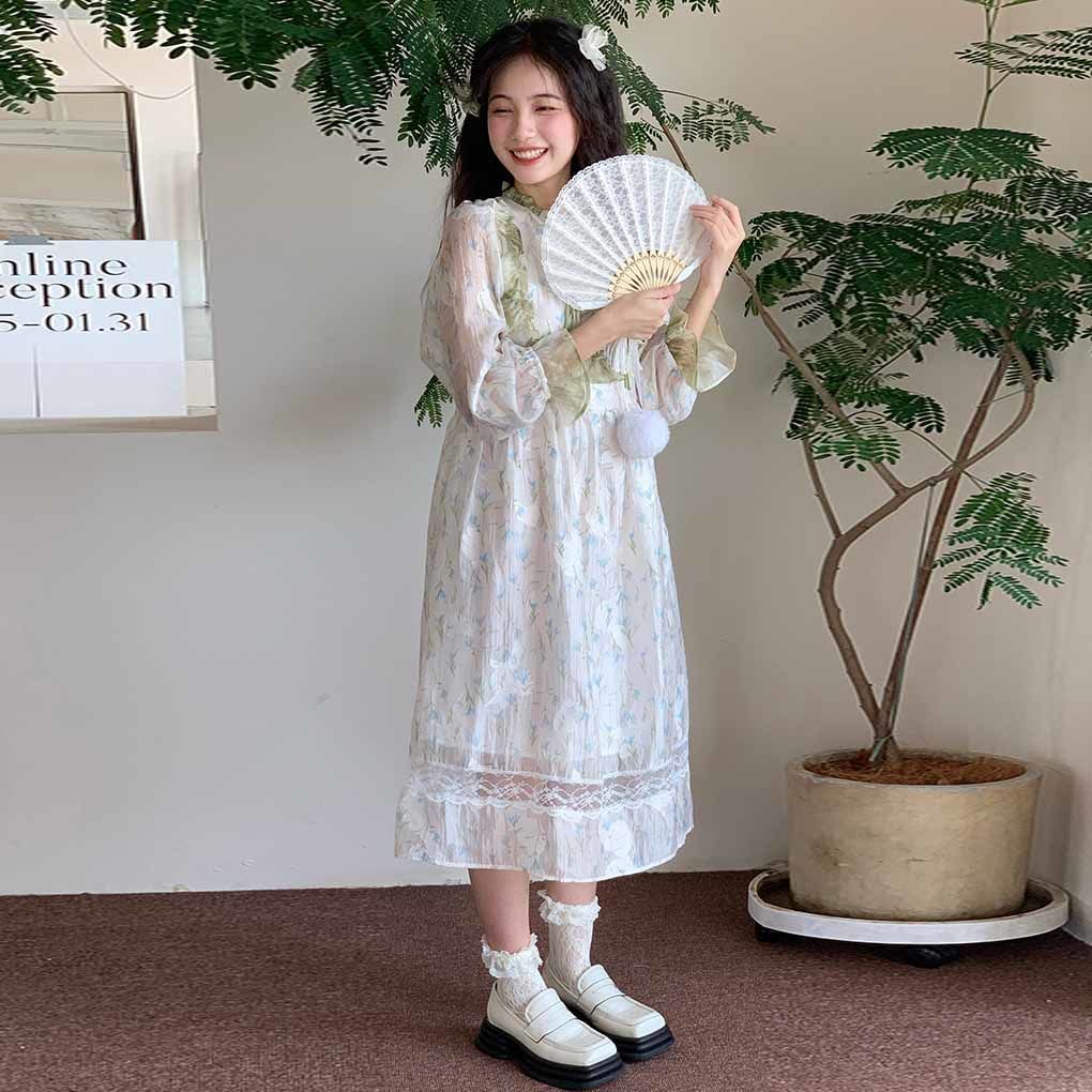 人気新品甘い小さな新鮮な花柄のパフスリーブのドレスの女性23春の真菌のレースのノットミッドレングスのスカート