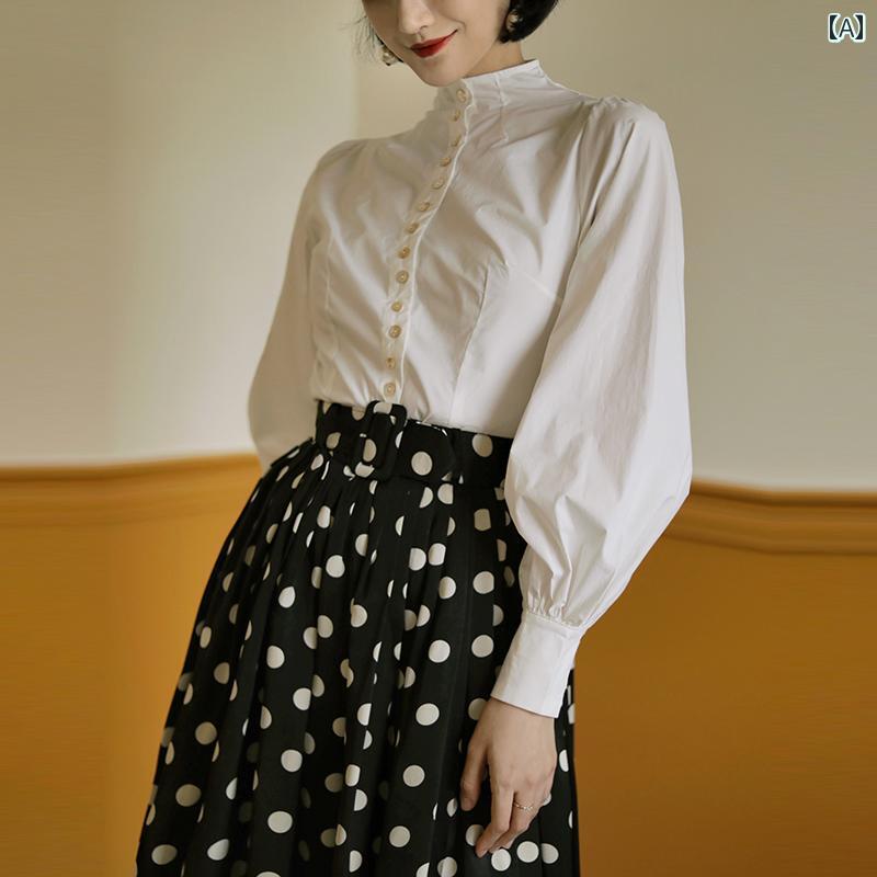 レディース シャツ ブラウス 長袖 トップス ハイネック スタンドカラー ふんわり袖 ランタンスリーブ レトロ ウエストシェイプ カジュアル シンプル エレガント ボタン スタイリッシュ