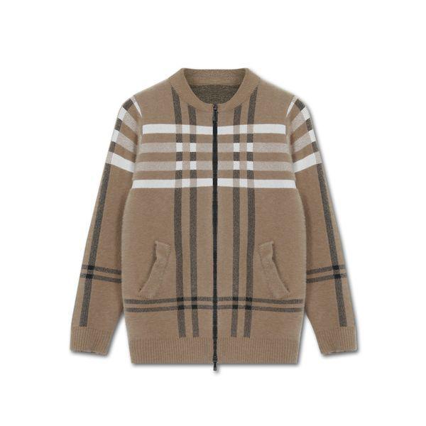 ふわふわ冬ニットチェックラウンドジップアップカーディガンジャケットゴルフジャケット_P408767030