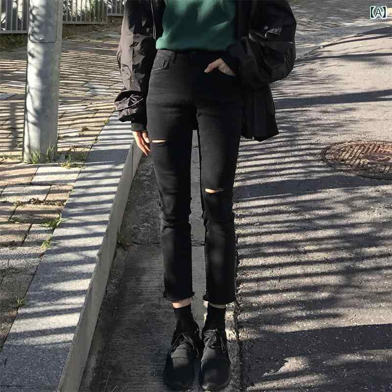 デニムパンツ レディース ダメージ ジーンズ クラッシュ ボトムス スキニー 春秋 ストレート ハイウエスト ストレッチ性 カットオフ ブラック