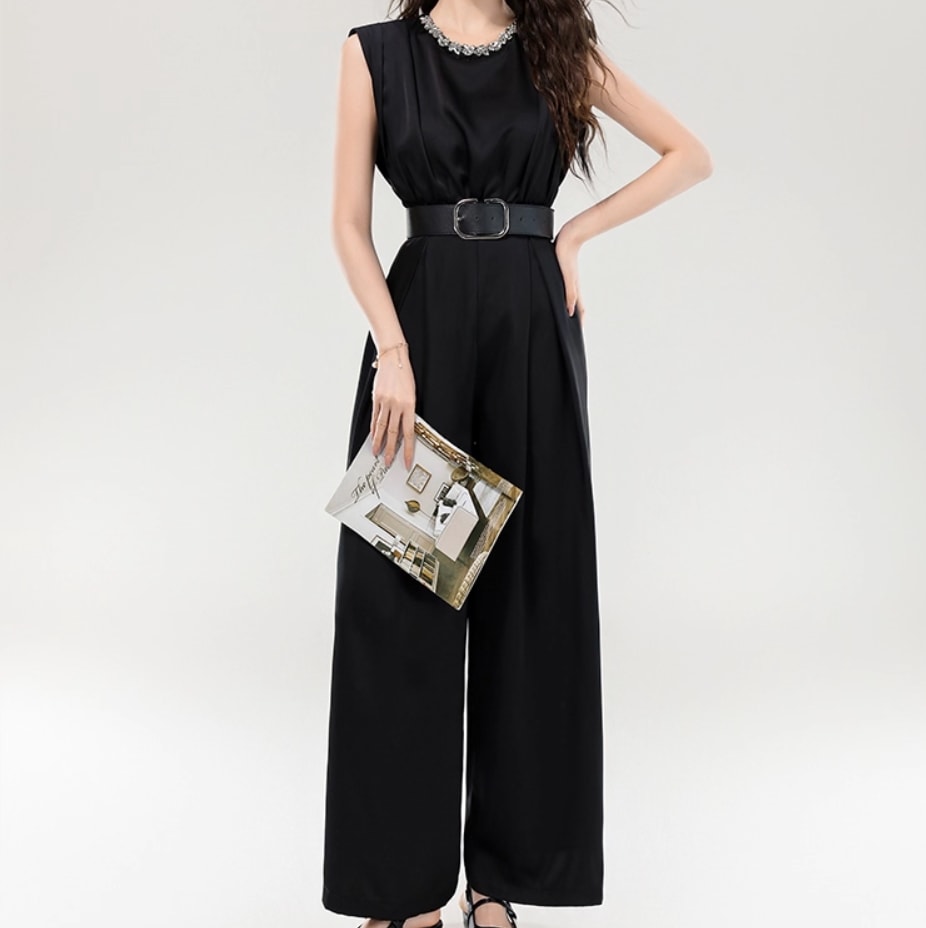 レディース パンツスーツ ストレートパンツ ロング マキシ 丈長 袖なし ノースリーブ ラウンドネック スリム スマート ベルト ウエストマーク ハイウエスト 大人可愛い きれいめ シンプル 上品 7,311円