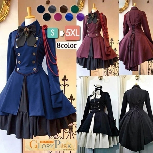 【激安開催！】ロリータ ビッグカラー ワンピース+ミニハット クラロリ ゴスロリ 長袖 Aライン Lolita リボン フリル裾 クリスマス レディース コスチューム 衣装 かわいい 仮装 パーティ