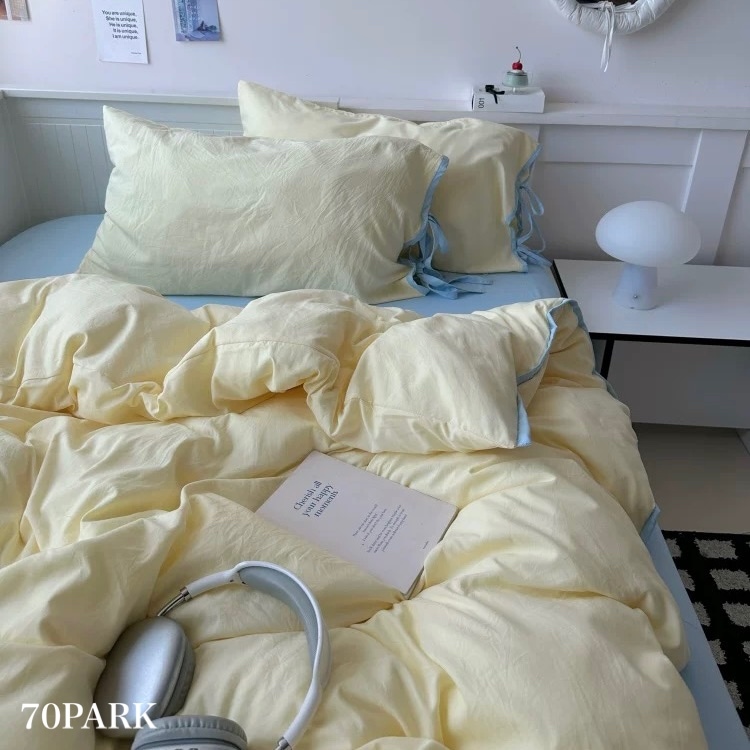 イエロー サイドリボン 無地 パイピング 布団カバーセット 全2サイズ ベッドカバー オールシーズン シングル クイーン ベッドリネン おしゃれ 韓国 北欧インテリア 韓国インテリア 70PARK