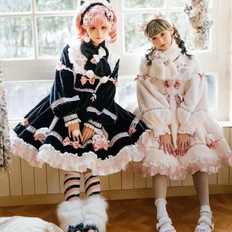 猫ぬいぐるみp冬長袖厚手ロリータロリータワンピース可愛い