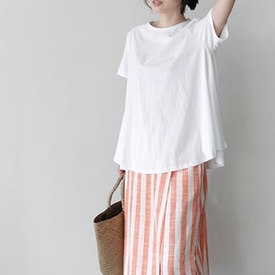 シンプルTシャツ レディース トップス 半袖 ラウンドネック 襟なし セミフレア きれいめ シンプル カジュアル 上品 こなれ感 ラフ スポーティー とろみ感 ナチュラル 無地 春 夏 オフィス
