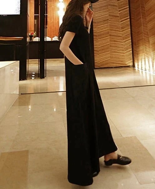 ワンピース ロング丈ワンピ とろみ感 Tシャツワンピ 半袖 袖あり 華やか 爽やか レトロ 着痩せ