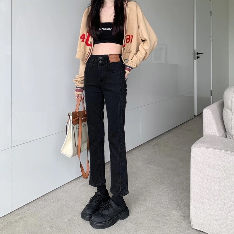 ブラックストレートジーンズ女性春新作ハイウエストルーズ薄l型9点小人春
