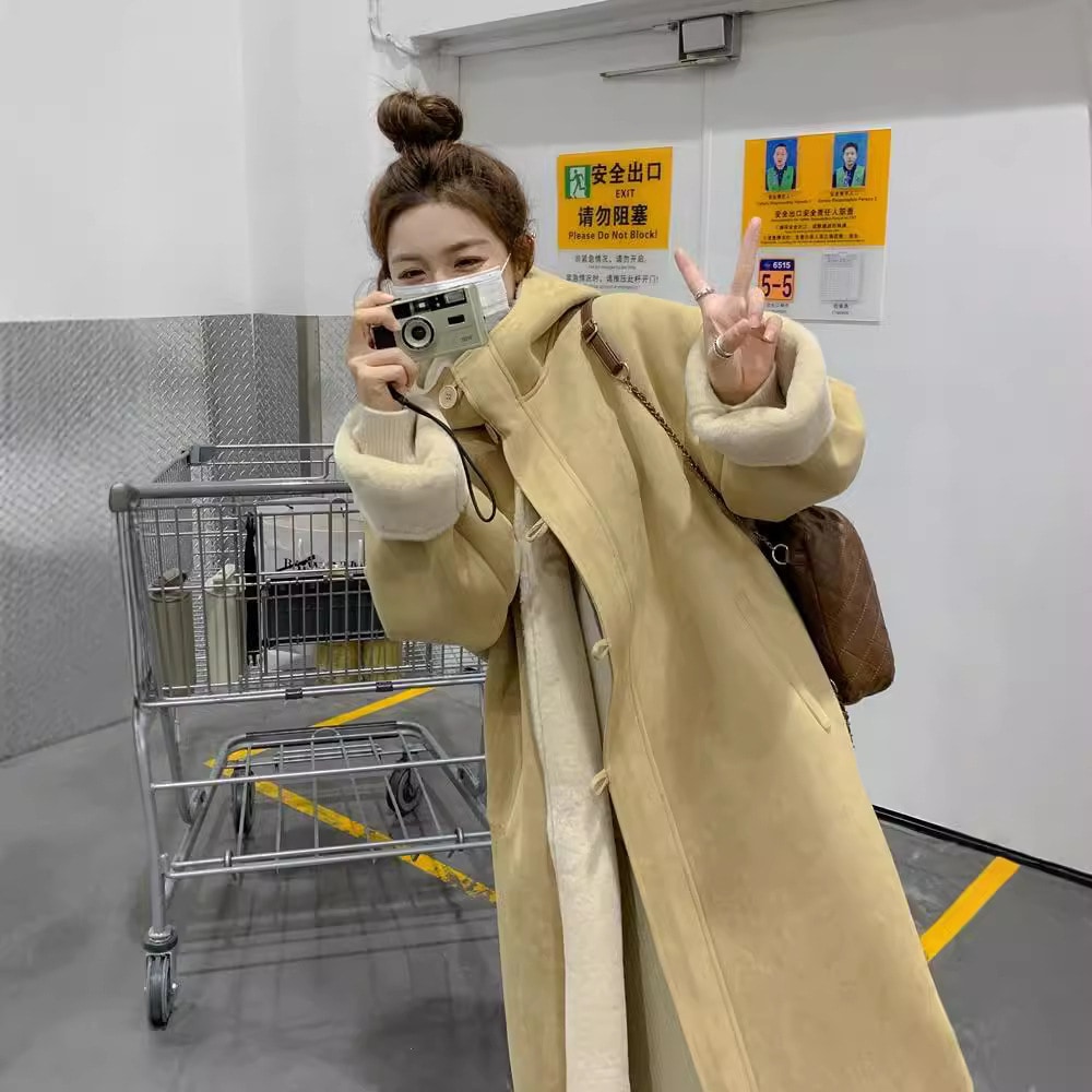 2024秋冬フード付きハイエンドロングファーワンピース厚手コート環境に優しいラムウール裏地暖かいコート
