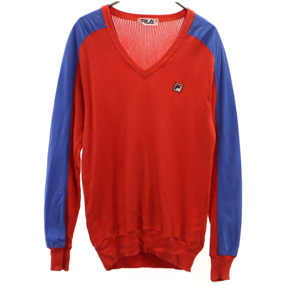 80s イタリア製 ヴィンテージ 長袖 Vネック ドッキング ニット I56 レッド系 メンズニット・セーター