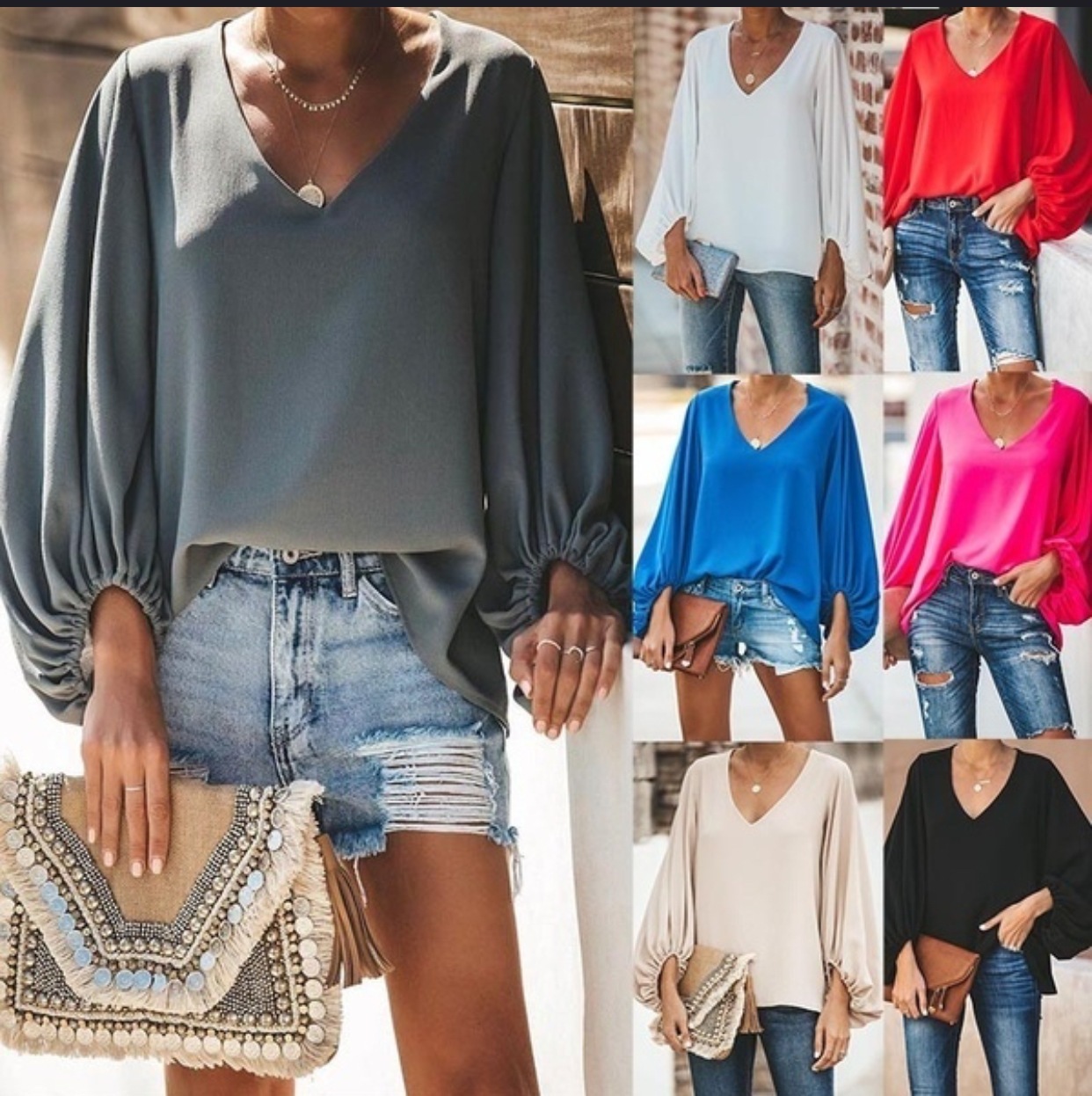 【1つ買うと10つ無料】2025年の夏のシャツvネックランタンスリーブゆるい長袖女性のための大きなサイズの