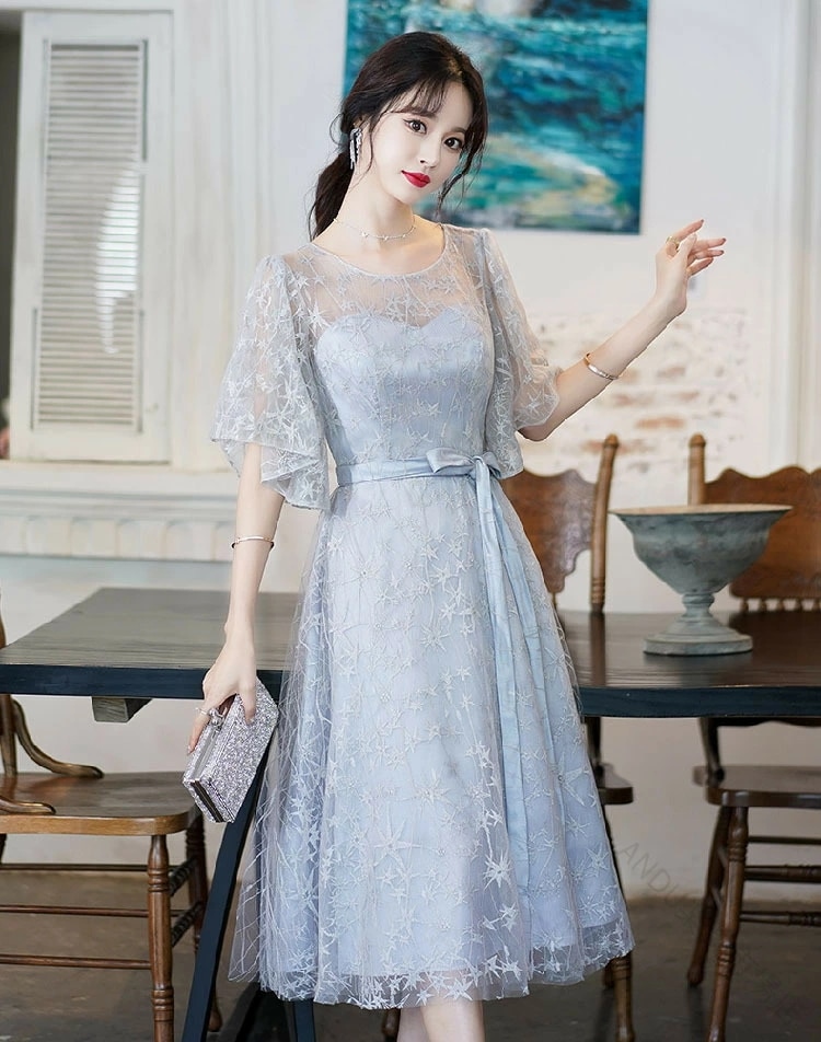 【人気商品超目玉】ピアノ 発表会 用 ドレス 大人 パーティー ドレス ロング丈 ミモレ丈 膝丈 袖付き かっこいい 韓国 風 灰色 ワンピース おしゃれ フォーマル イブニングドレス 披露宴 結婚式