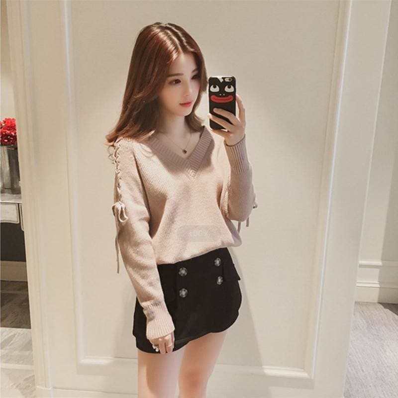 レディース セーター ヒット サイドレースアップ リボン ニット Ｖネック 編み上げ 着回し 普段使い 重ね着 お揃い コーデ ラフ 学生 通学 デート お出かけ 女子会 双子 系 ファッショ 大人可