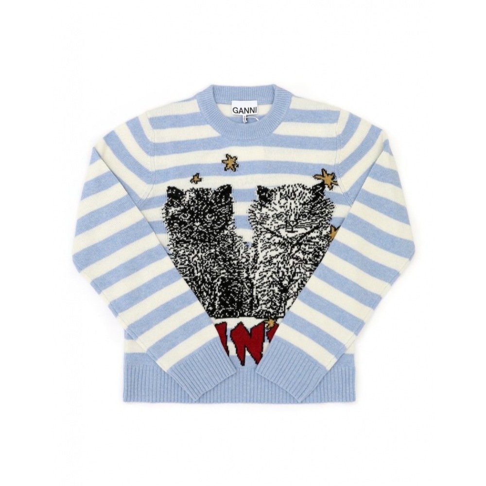 ガニ ニット ウールミックス ストライプ キャットグラフィック ロゴ レディース ニット K2369