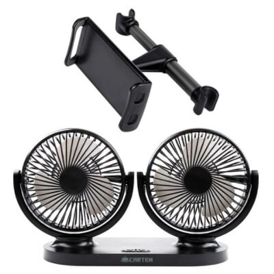 カテム 3段調節 デュアル車用扇風機 + ヘッドレストスタンドセット ブラック