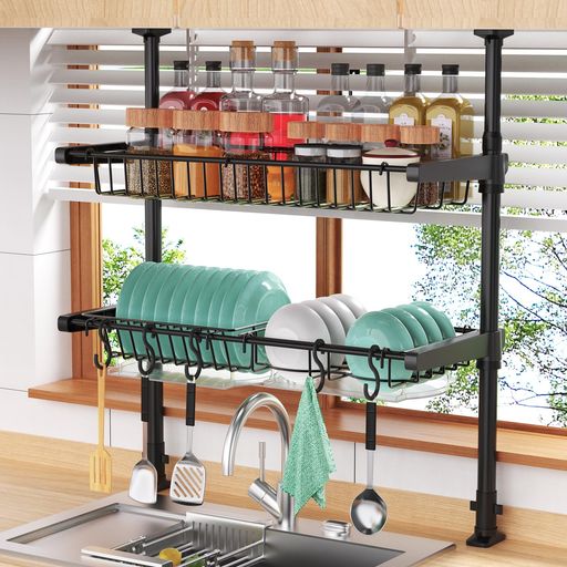 REMIXORI 水切りラック 突っ張り バスケット式 高さ68-110CM調節可能 耐荷重20KG 大容量 シンク上 おしゃれ 3段 水切りかご バスケット 炭素鋼製 省スペース 組み立て簡単 穴開