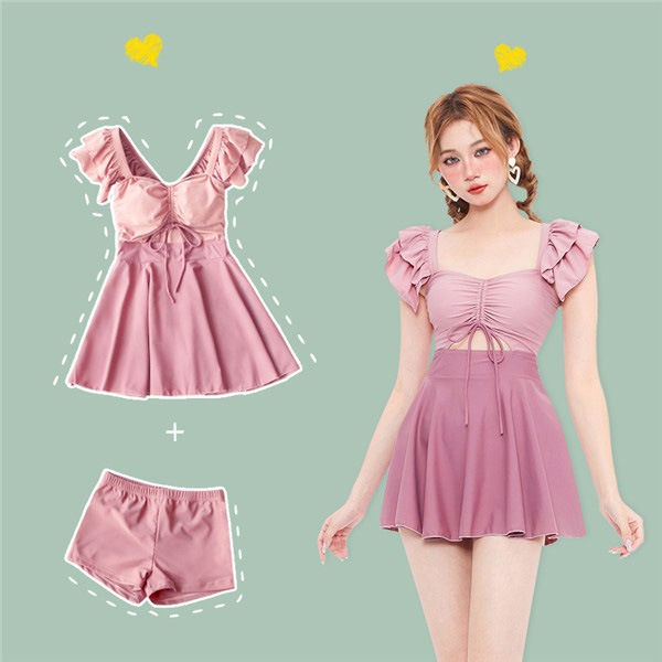 レディース 超かわいい水着 体型カバー フリル ザインスカート ワンピースビキニ ワンピース+パンツ ピンク M L XL 360度可憐に演出