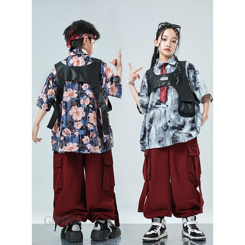 【3日で出荷】K-POP衣装 キッズ ダンス 衣装 花柄シャツ 半袖トップス カーゴパンツ ヒップホップ 子供服 ダンスウェア 女の子 男の子 派手 韓国 ファション ステージ衣装