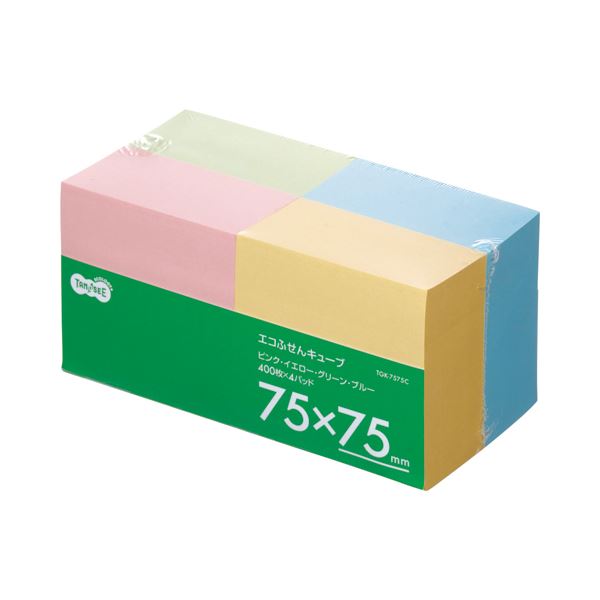 (まとめ) TANOSEE エコふせん キューブ 75×75mm 4色 1パック(4冊) (×10セット)