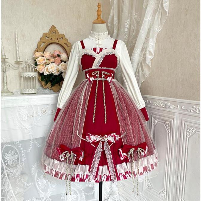 ジャンパースカート ミモレ丈 ゴスロリ ロリータ ワンピース ロリータ ドレス ストラップ ワンピース 裾フリル チュールカバー付き 大きいリボン お姫様 ドレス30%までに制限