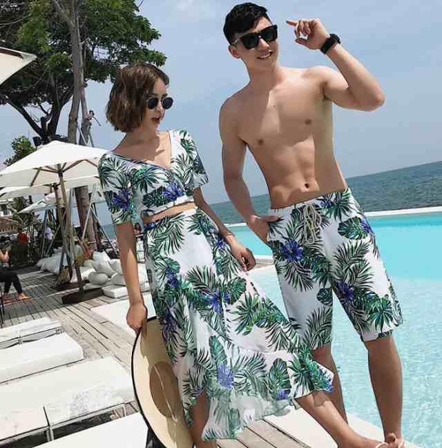 【男女セット】 ペア水着 ペアルック ビキニ タンキニ パンツ カップル ペアルック ペア カップル 水着 4点セット セパレート セットアップ サーフパンツ ペアお揃い 半袖 レディース メンズ