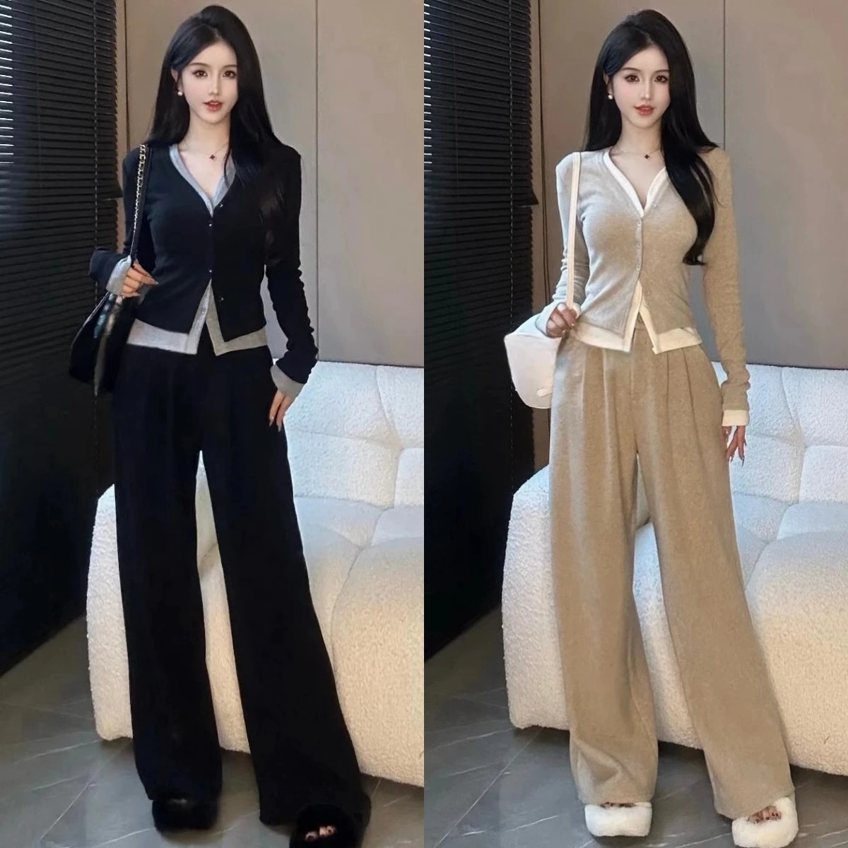 ハイエンドのカスタマイズ-大きいサイズの女性の秋のファッション外国風年齢を軽減する肉カバーと痩身スーツ女性のワイドレッグパンツ 2 点セット脂肪 mm 200 ポンド