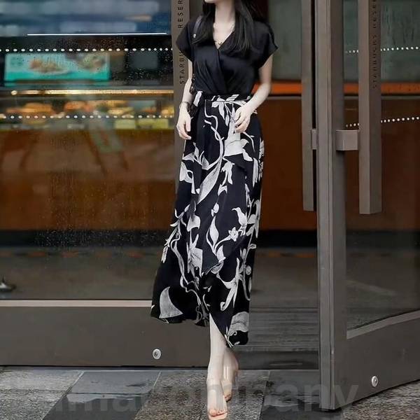 ワンピース ドレス シルク混 袖あり セパレート風 切替 ドッキング エレガント レディース きれいめ カジュアル おしゃれ 半袖 花柄 大人 可愛い フェミニン ミモレ丈 ハイウエスト フラワー 通