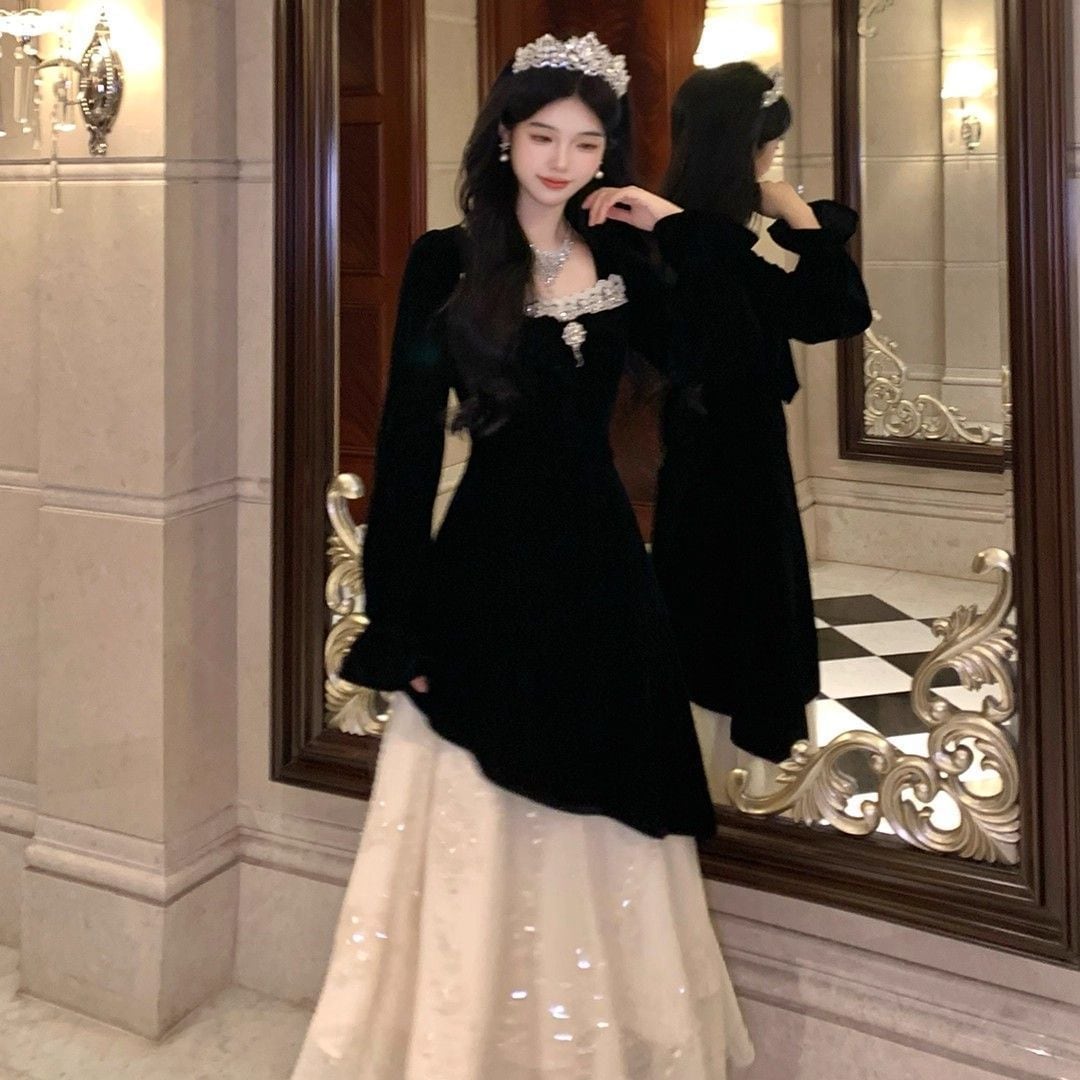 チュールスパンコールレース黒ベルベットワンピース誕生日ドレス軽装ドレス パーティードレス