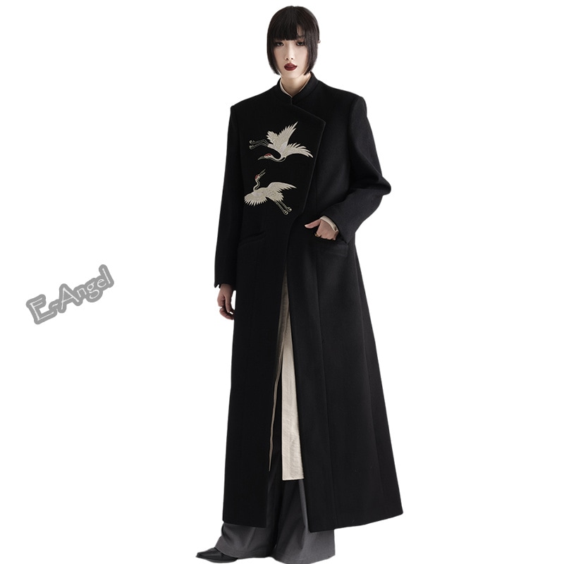 ウール ロングコート レディース 秋 冬 黒 きれいめ 鶴刺繍 チェスターコート 体型カバー アウター 長袖 モダン 個性的 超ロングコート メンズ 男女兼用 ウールコート