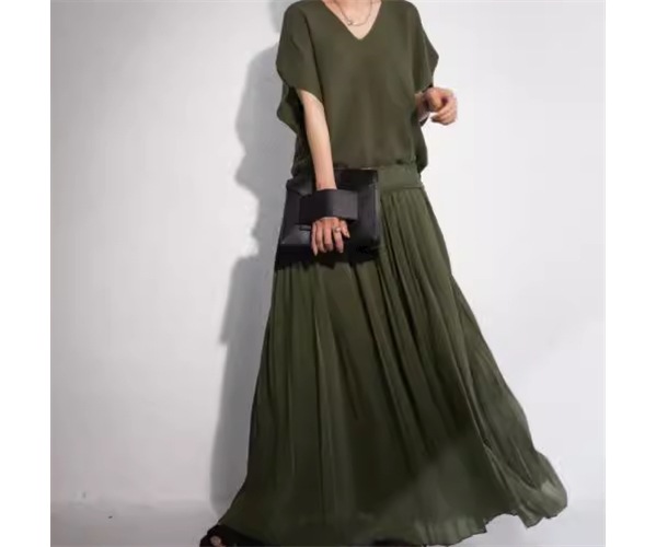 レディース ワンピース プルオーバー ニットワンピ ロング 半袖 Vネック Aライン フェミニン プリーツ ベルト ウエストマーク 切り替えデザイン 大人可愛い きれいめ シンプル カジュアル 上品