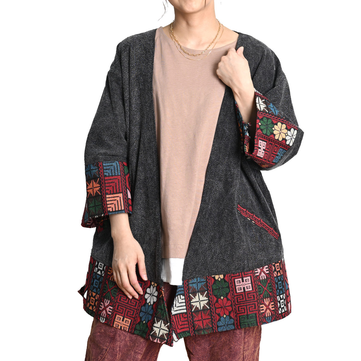 エスニック ジャケット メンズ レディース 秋 冬 羽織 ストーンウォッシュ 前開き アウター ゲリ織 柄 アジアン ファッション 個性的 大きいサイズ オーバーサイズ ライトアウター ライトジャケッ