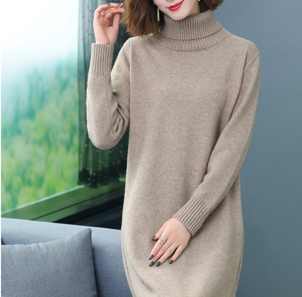 ハイネックニットセーター 長袖ニットワンピース スリット入りワンピース カジュアルニットワンピース スカート ワンピース ニットソー セーター プルオーバー オールインワン ロングスカート