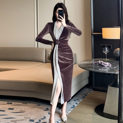 2024年パーティードレスワンピースフレンチVネックバラの花柄高級ウエストダウンスリムベルベットワンピース