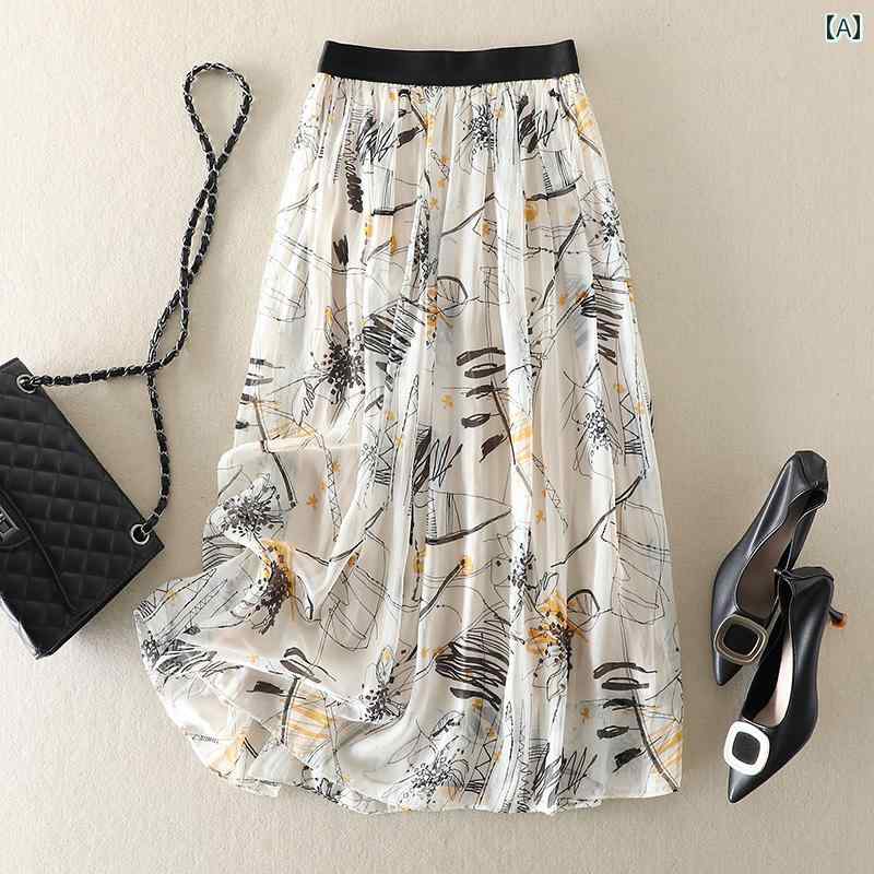 スカート　レディース　花柄 花柄 ハイウエスト aライン スカート マルベリー シルク シルクスカート レディース 夏 ミディアム 丈 2025年 伸縮性 ウエスト