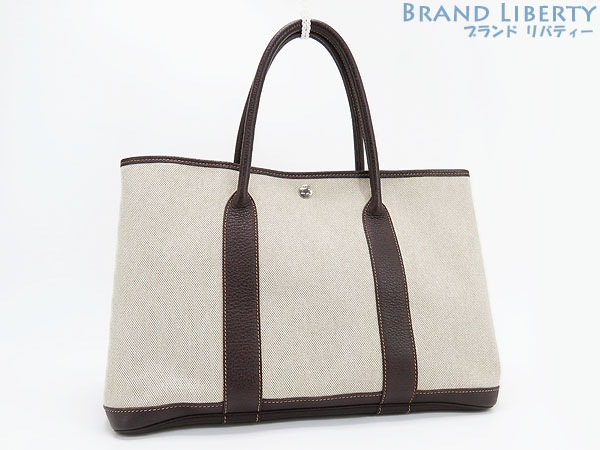 美品エルメスガーデンパーティPMトートバックハンドバッグベージュダークブラウントワルアッシュキャンバス素材レザー