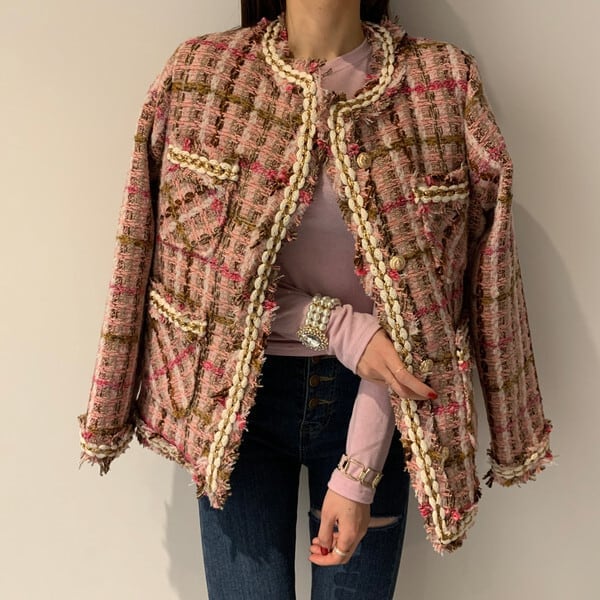 2color ジャケット チェック柄 ステッチ 刺繍 前開き アウター 羽織り おとなカジュアル