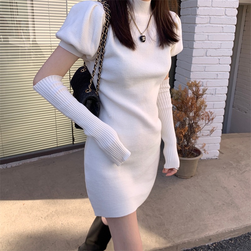 【送料無料】レディース 4カラー ワンピース ミニ丈 パフスリーブ 半袖 アームウォーマー