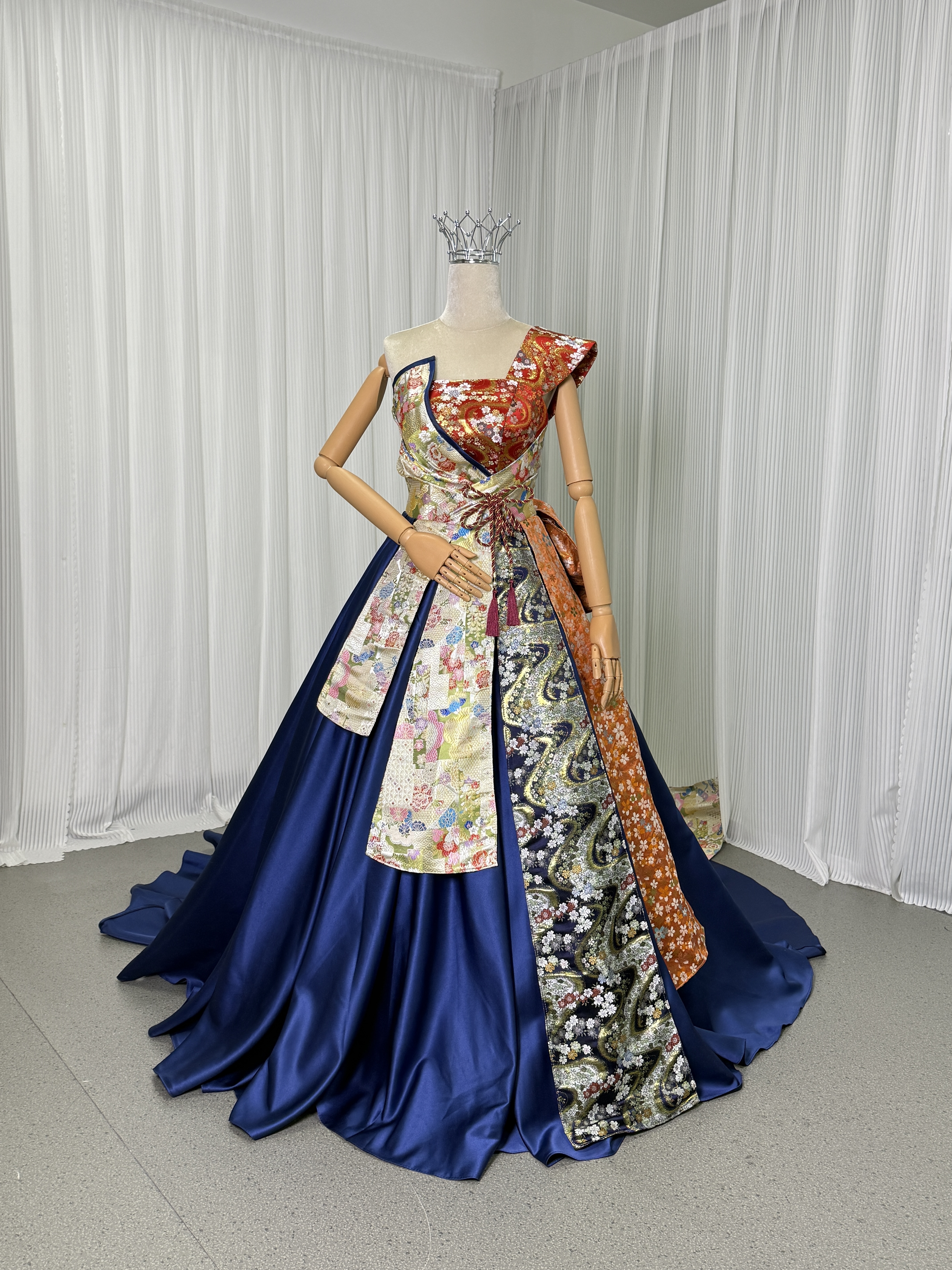 着物ドレス 和ドレス ネイビー ワンショルダー ふっくら柔らかなバックリボン ジャガード生地 編み上げ