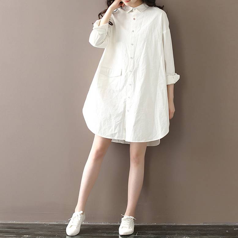 シャツ ワンピース レディースチュニック 膝丈 ひざ丈 膝上 袖あり 長袖 襟付き Iライン 前開き 綿 大人 可愛い きれいめ シンプル カジュアル コーデ お洒落 女子 韓国 オルチャン 白