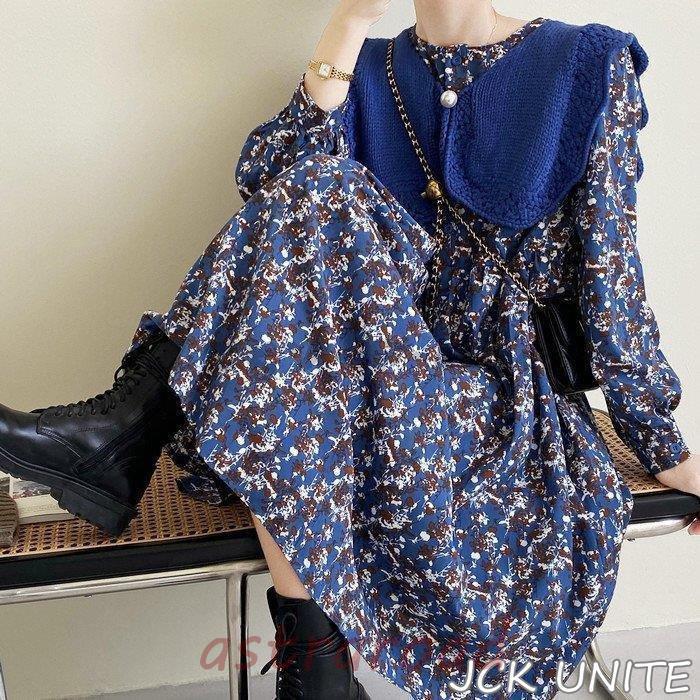 ワンピース セットアップ 2点セット レディース ロングワンピース 丸首 花柄 ニットベスト 長袖 秋 冬 ミモレ丈 体型カバーおしゃれ 大きいサイズ 通勤 OL
