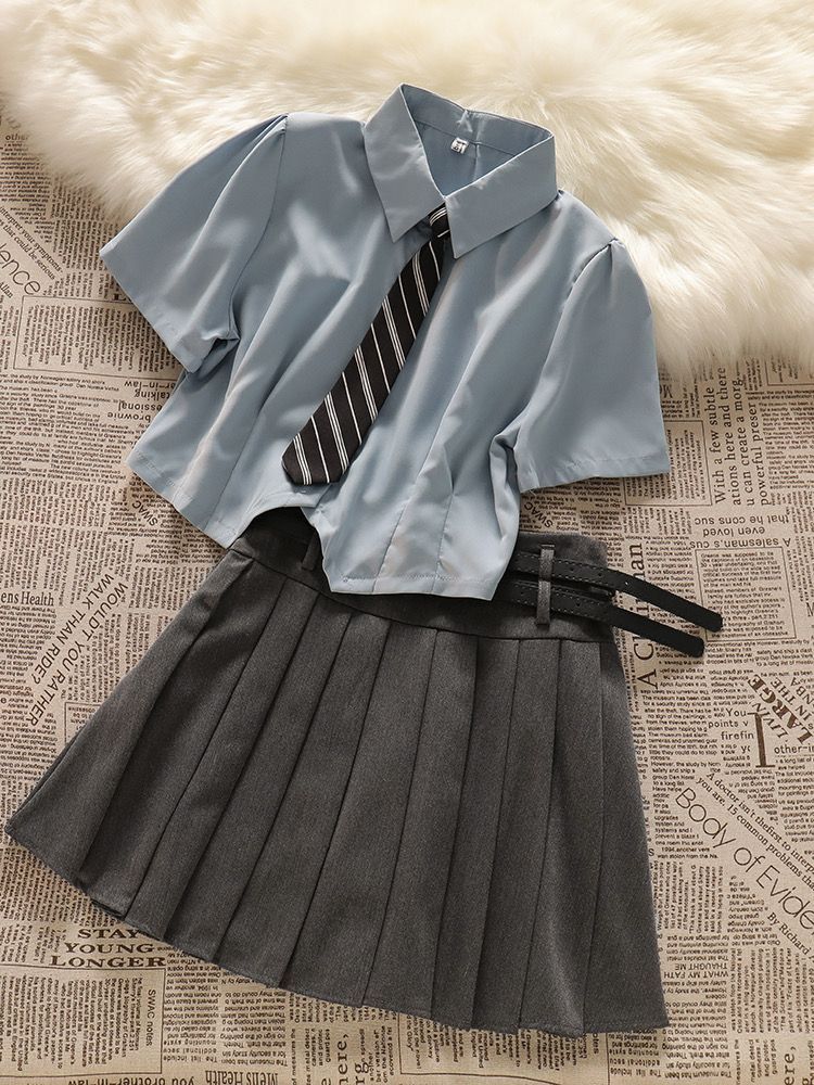 涼しく楽ちんセットアップ制服セット セット韓国半袖シャツトップスプリーツスカート2点セット脚魅せミニスカ446