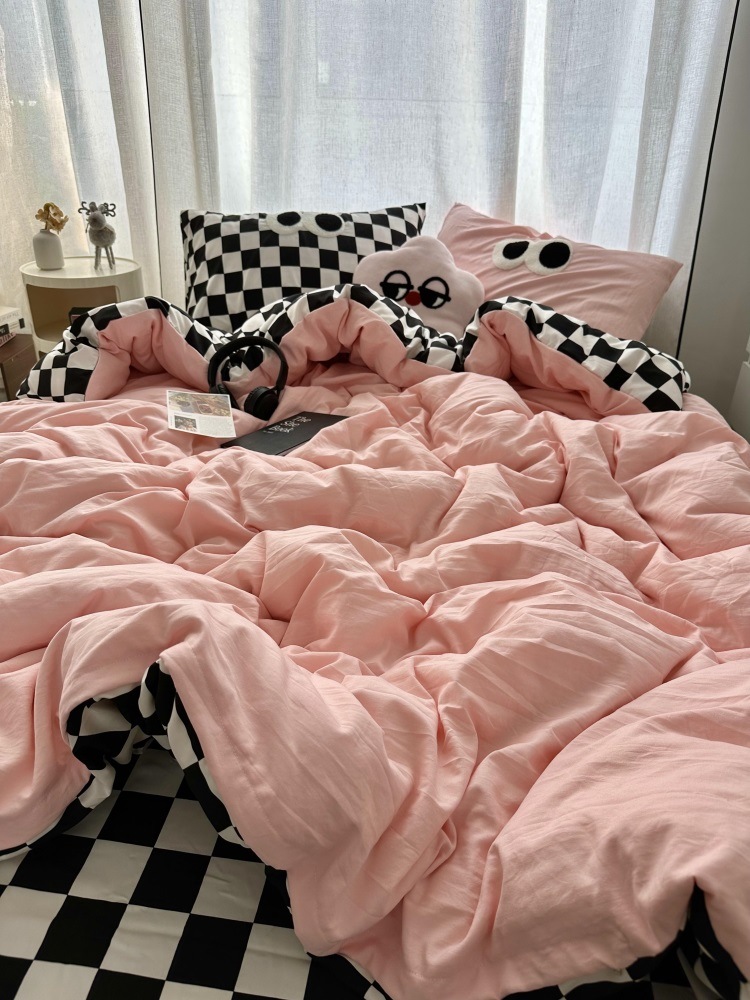 150*200cm/180*220cm/200*230cm韓国チェッカーボードの水洗綿ベッド上に4点セットのシーツ学生寮の布団カバー3点セットのベッド笠